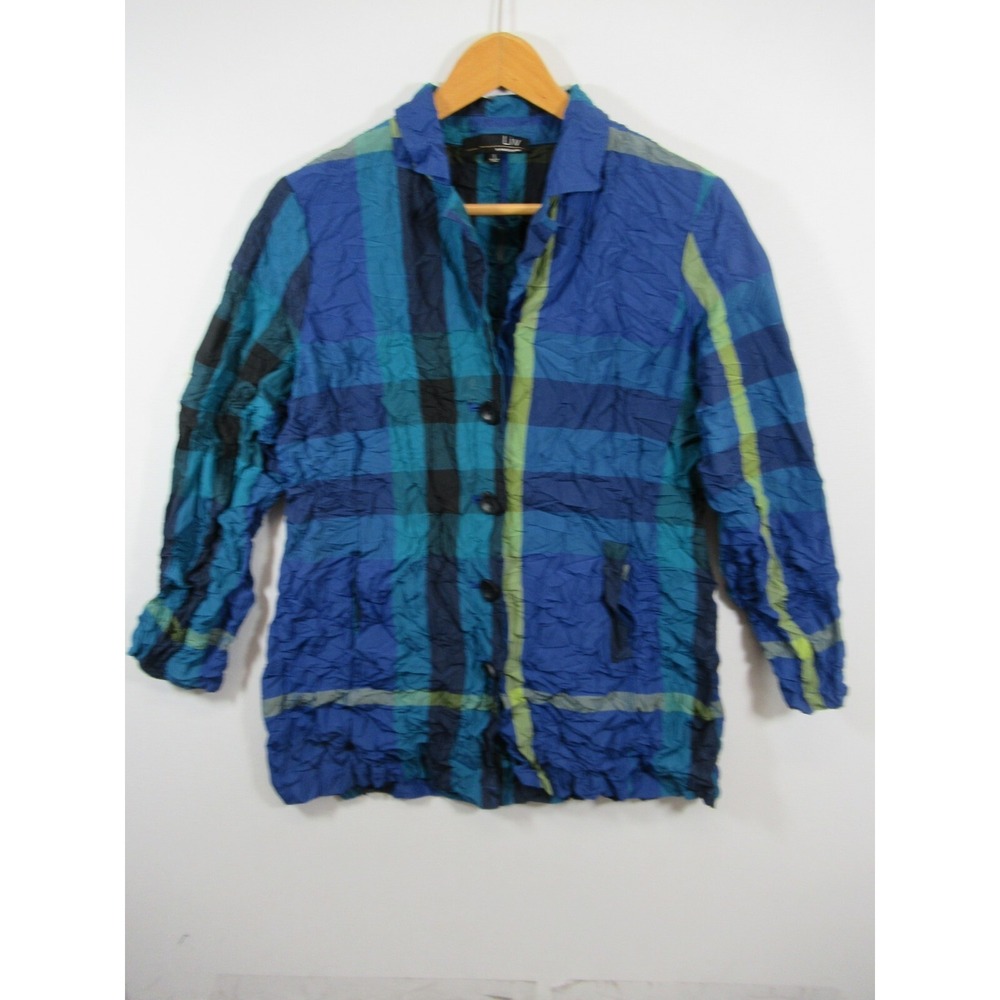 Liv by Habitat Clothes Crinkle Boyfriend Jacket Women Small Blue Plaid 109404